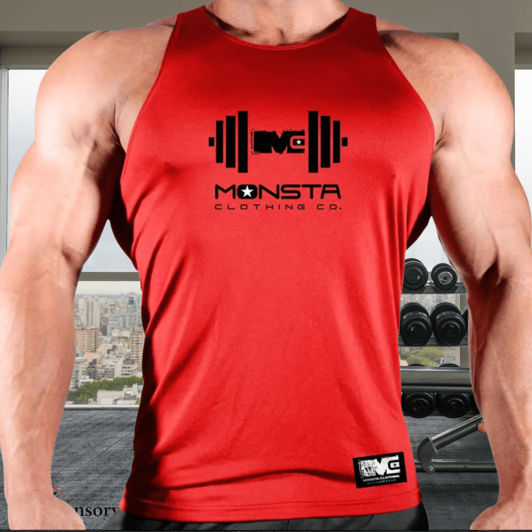 Red tank top with a logo and text, worn by a person, with a cityscape background.