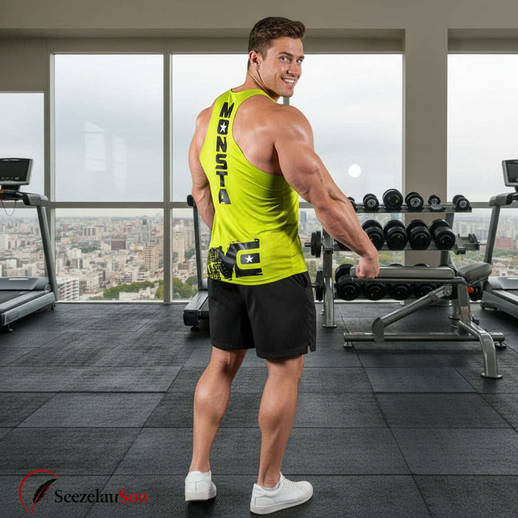 Man in a gym wearing a bright green tank top with text, standing in front of gym equipment.