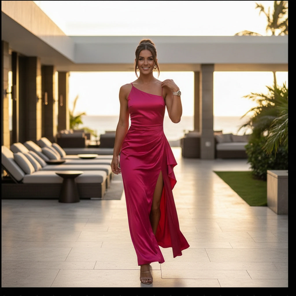 Over the Shoulder High Split Satin Maxi Dress
