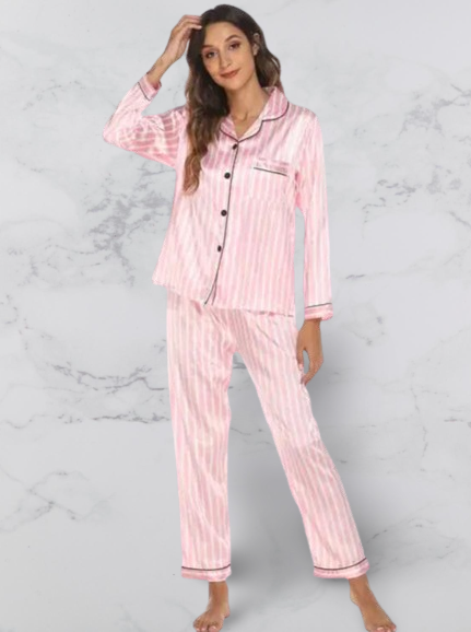 Two Piece Winter Pyjamas in Striped Satin Silk