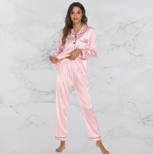 Two Piece Winter Pyjamas in Striped Satin Silk