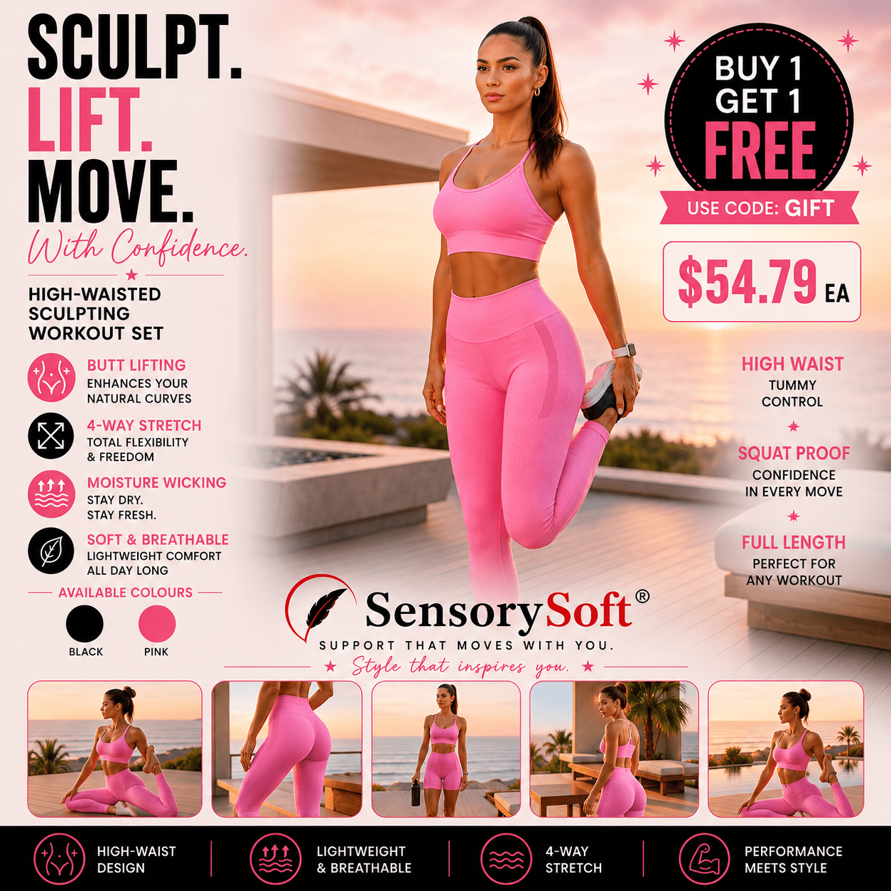 A promotional graphic for the SensorySoft Sculpt. Lift.