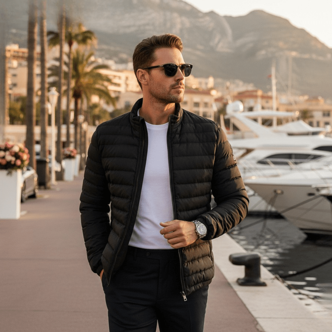 A man wearing a black quilted puffer jacket over a white t-shirt and dark trousers, standing on a marina walkway with yachts and mountains in the background.