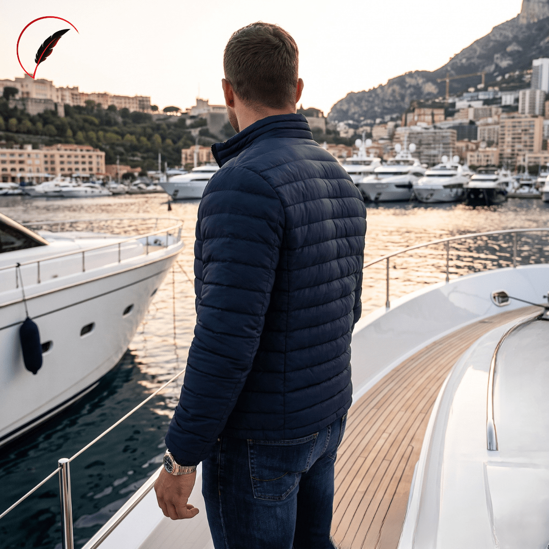 A man viewed from behind wearing a dark navy quilted puffer jacket and blue jeans, standing on the deck of a luxury yacht in a marina with boats and a coastal city in the background.