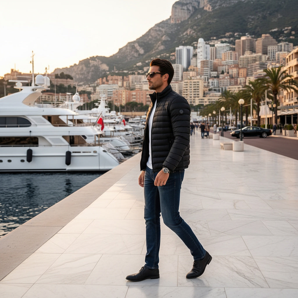 A man wearing a black puffer jacket, white shirt, blue jeans, and black shoes walks along a modern promenade next to a marina with yachts and a mountain backdrop.