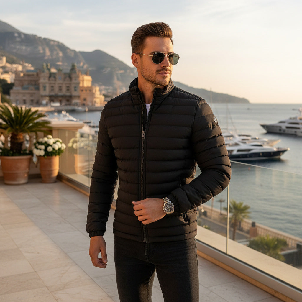 A man wearing a black quilted puffer jacket and sunglasses stands on a balcony overlooking a coastal city and marina at sunset.