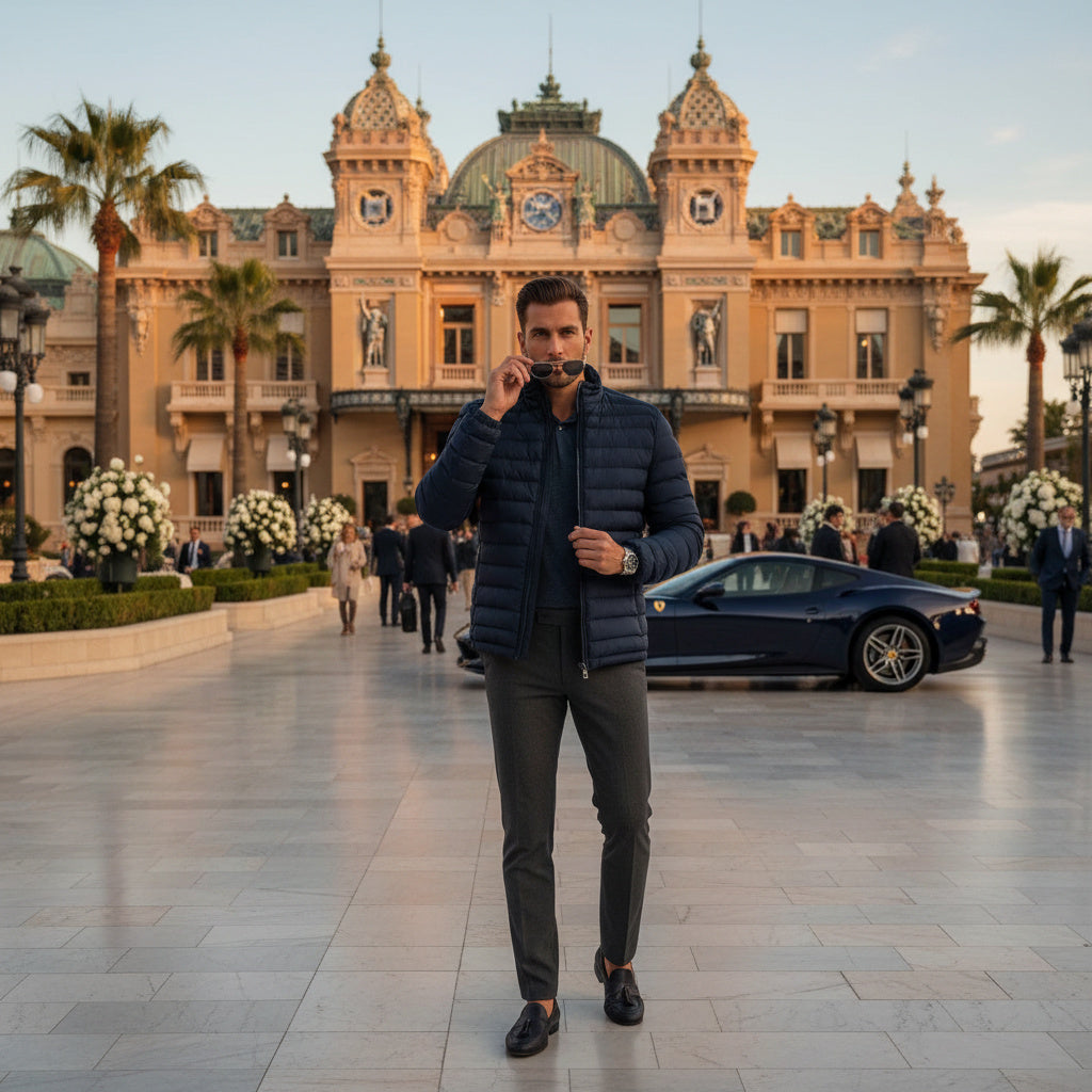 A man wearing a navy blue puffer jacket, dark gray trousers, and black loafers walks toward the camera in a grand plaza with an ornate building and a blue sports car in the background.
