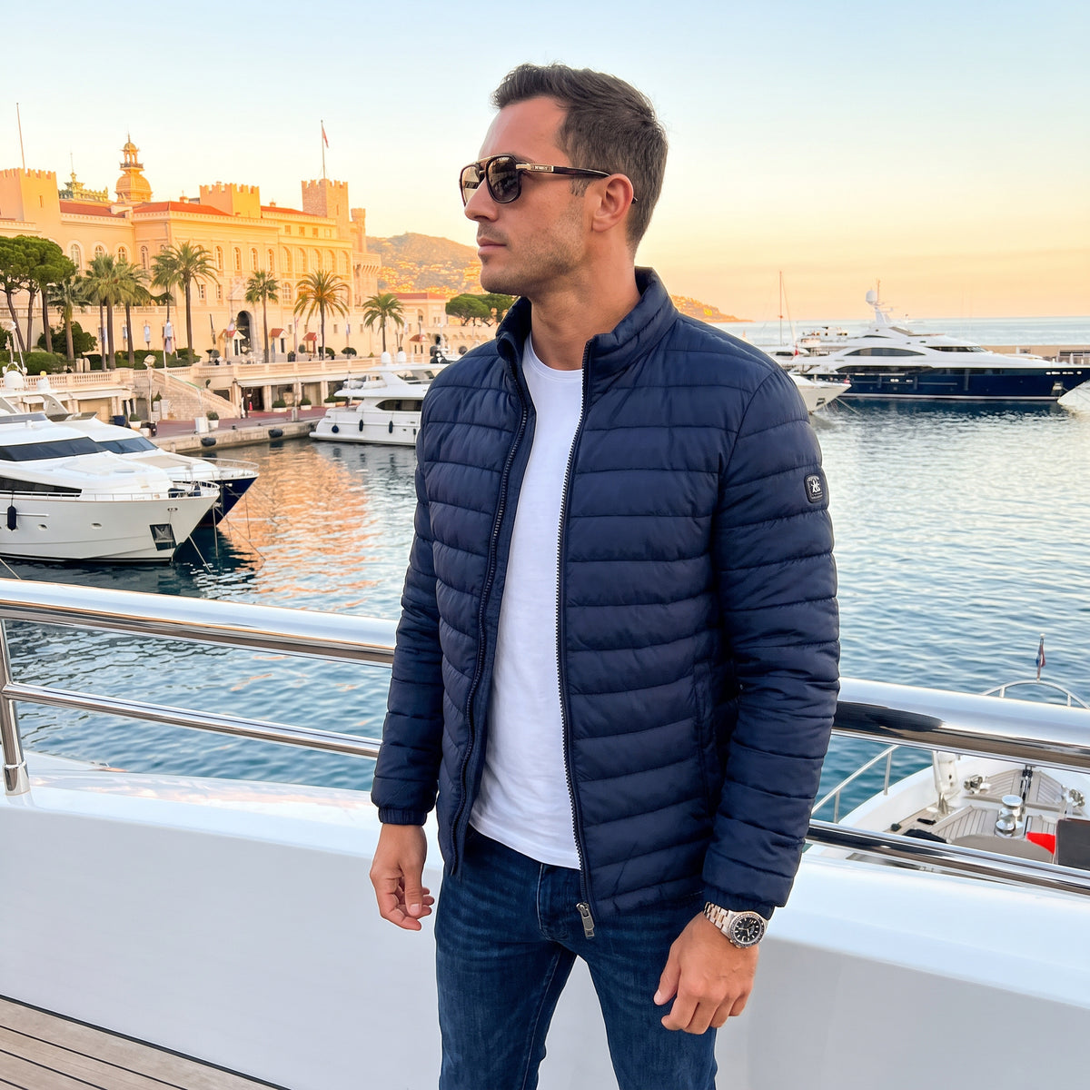 A man wearing a navy blue puffer jacket, white t-shirt, and blue jeans stands on a yacht deck with a marina and a grand building in the background at sunset.