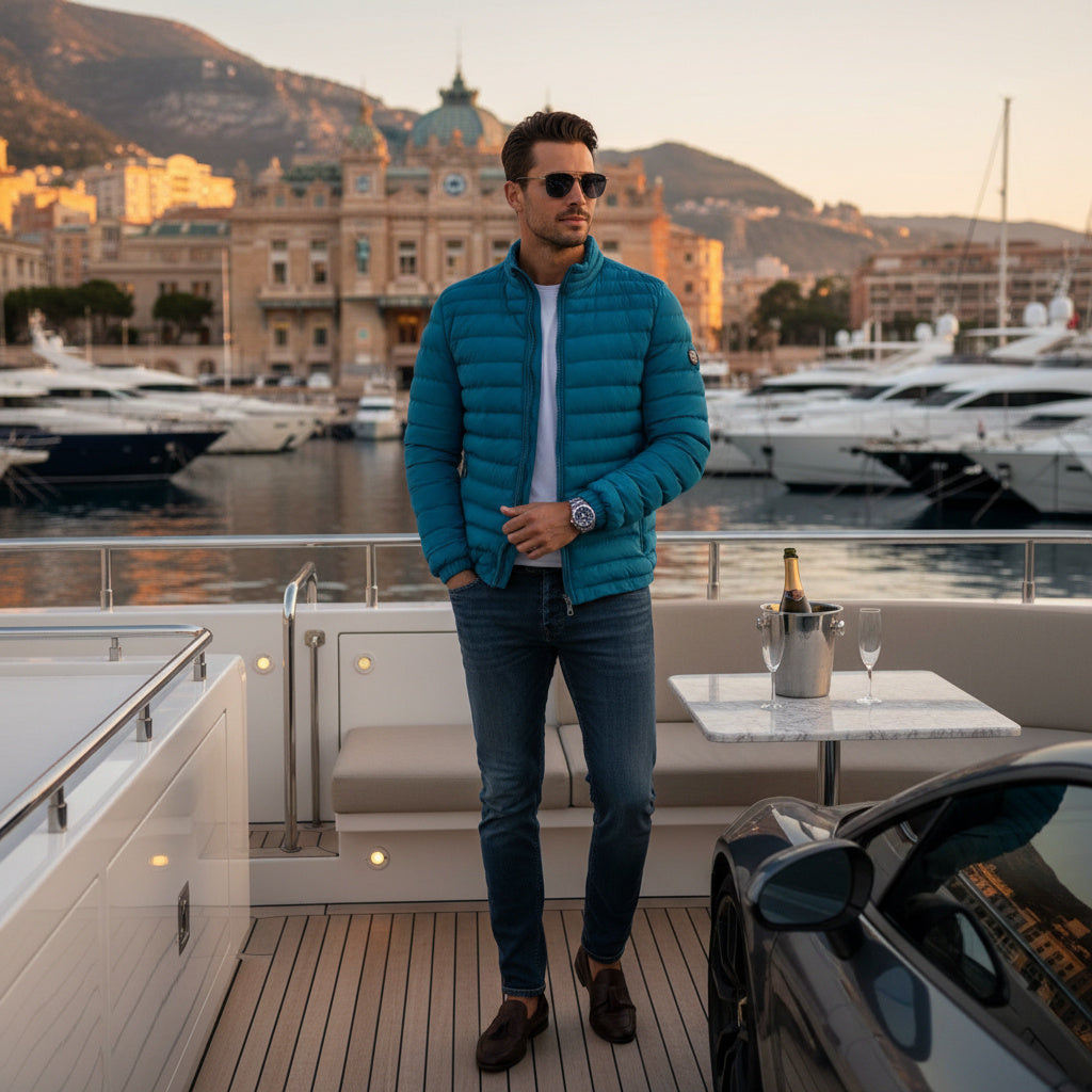 A man wearing a teal blue puffer jacket, white shirt, and dark jeans stands on a luxury yacht deck with a marina and mountains in the background at sunset.