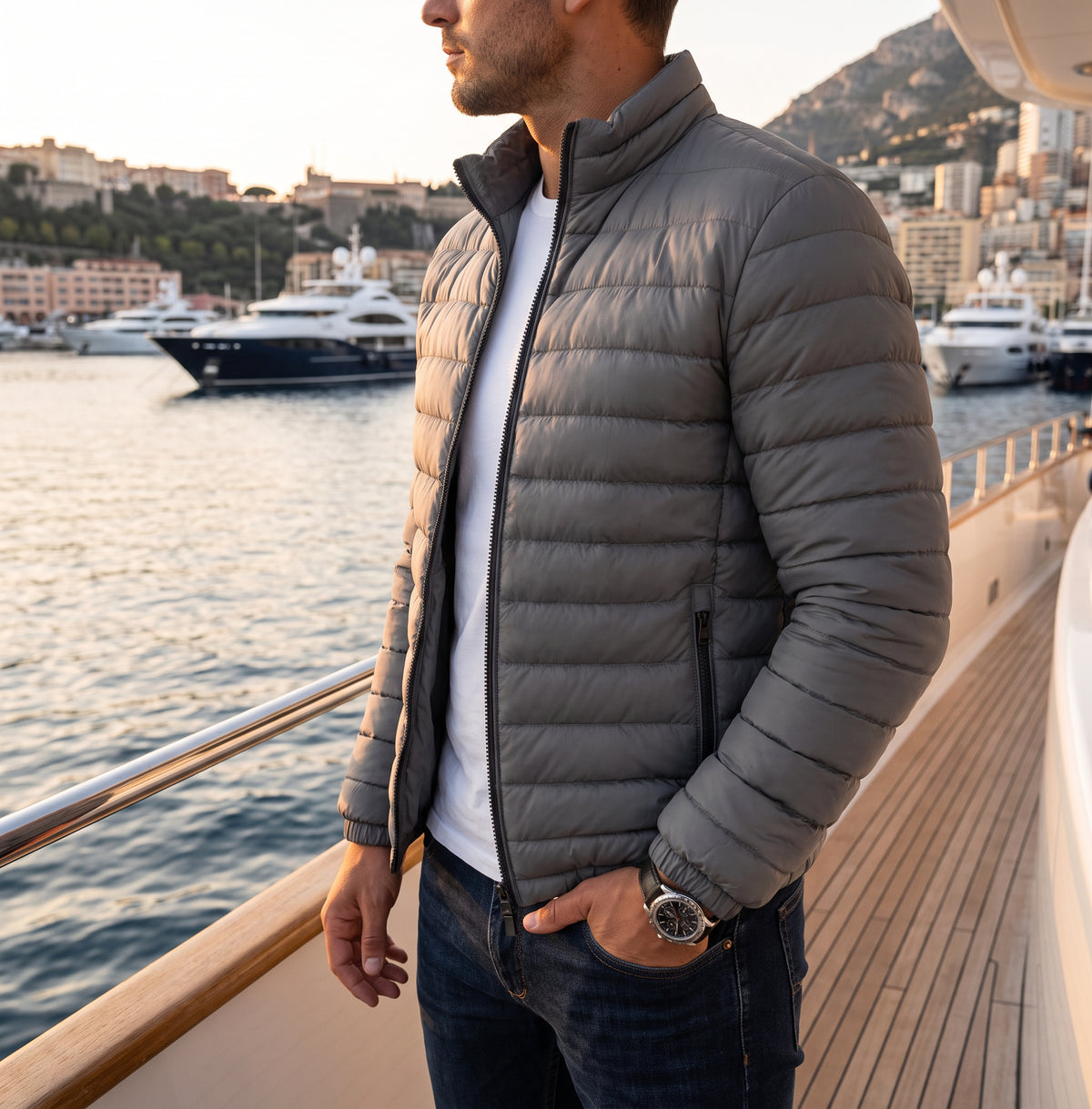 A man wearing a gray quilted puffer jacket over a white t-shirt and dark jeans, standing on the deck of a yacht with a marina and mountains in the background.