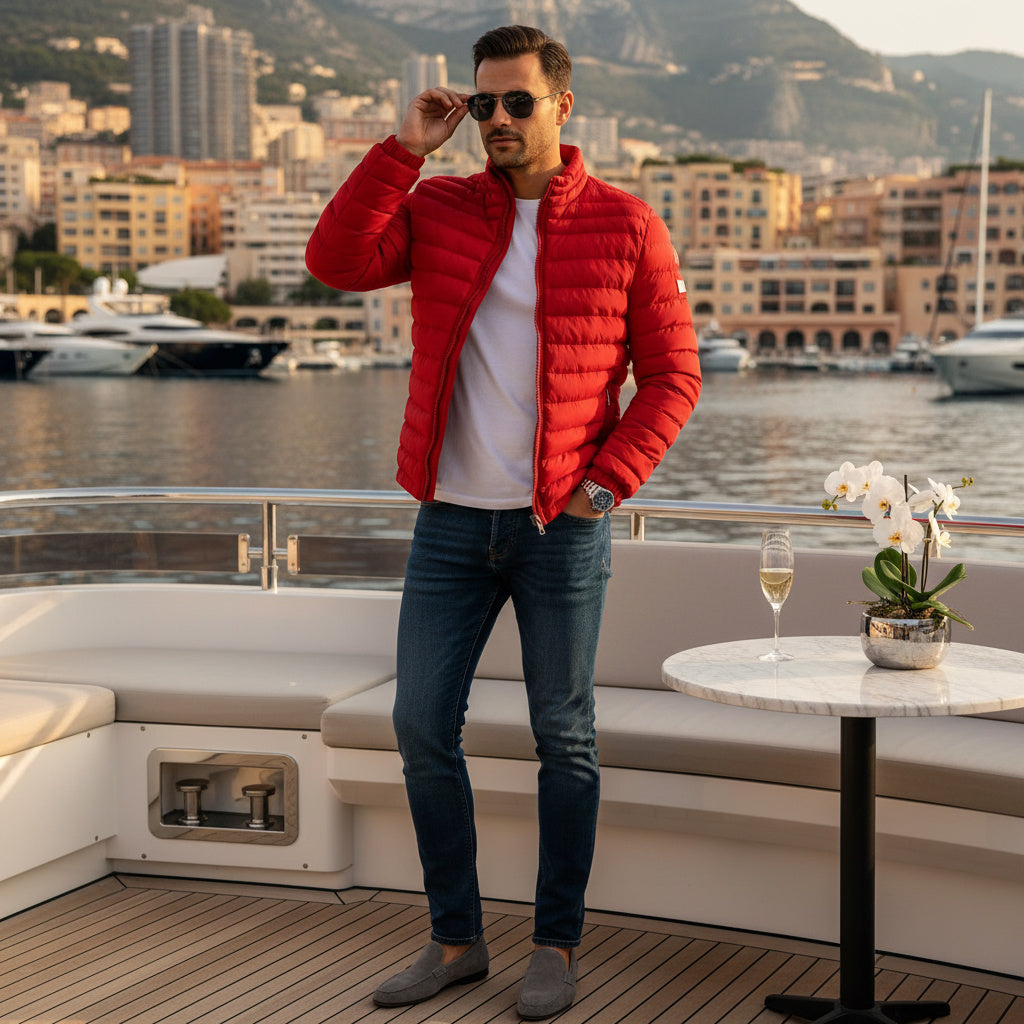A man stands on a yacht deck wearing a bright red puffer jacket over a white t-shirt, blue jeans, and gray loafers, with a marina and city skyline in the background.