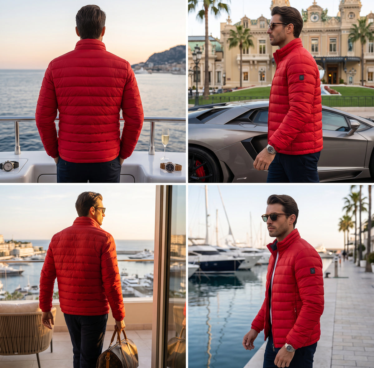 A man wearing a bright red puffer jacket is shown in four outdoor lifestyle photos, including views from behind and side profiles in coastal, resort, and marina settings. The jacket has a quilted texture and a small dark logo patch on the upper left chest.