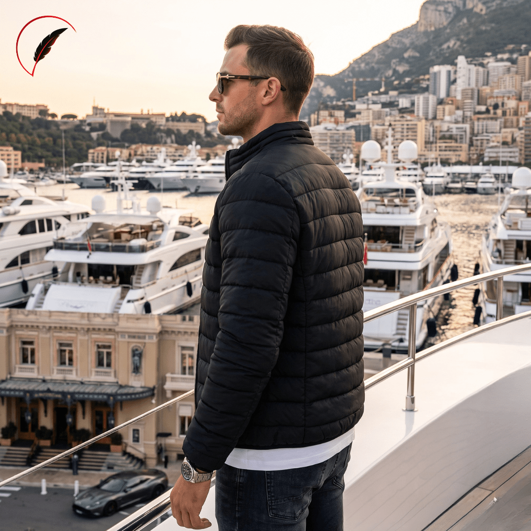 A man wearing a black puffer jacket and sunglasses stands on a balcony overlooking a luxury yacht harbor in Monaco, with a red feather logo in the top-left corner.