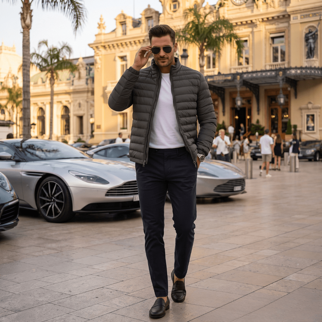 A man wearing a dark gray puffer jacket, white t-shirt, and dark trousers walks in a luxury outdoor setting with classic cars and a grand building in the background.