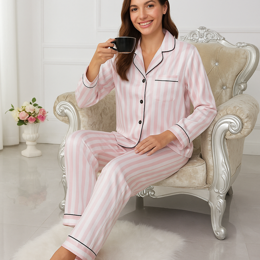 Pink Striped Silky Satin Pajama Set – 2 Piece Sleepwear