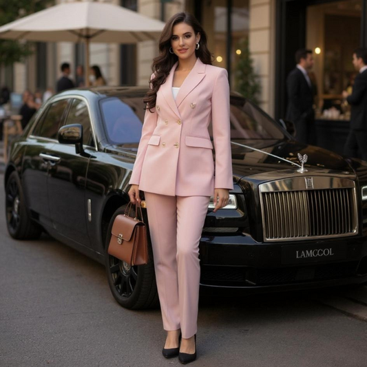 Lamgool Women Pants Suit Double Breasted 2 Piece Blazer Set