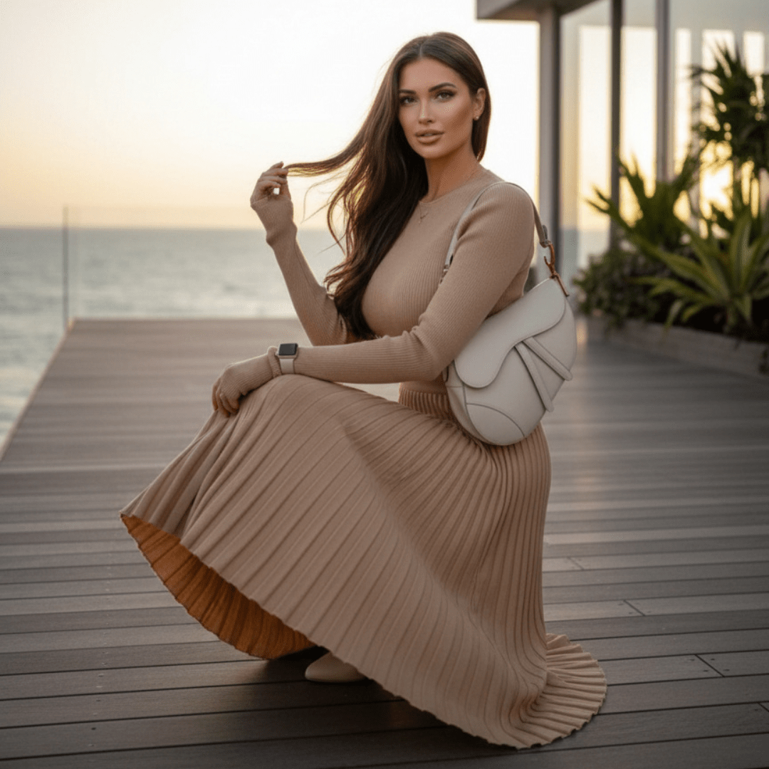 Woman in a beige dress sitting on a wooden deck by the sea.