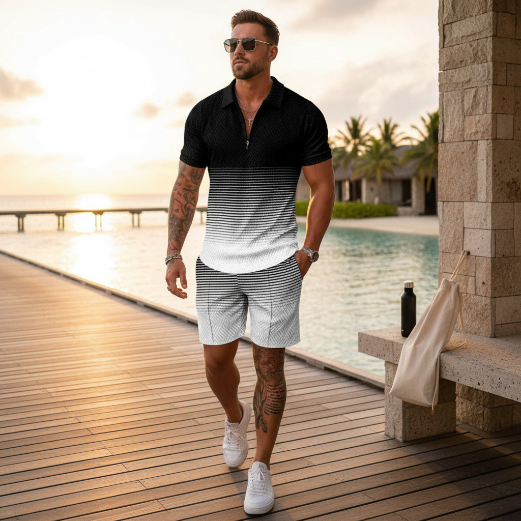 A man walking on a wooden boardwalk by the ocean at sunset, wearing a black-to-white striped polo shirt and matching striped shorts, with white sneakers and sunglasses.