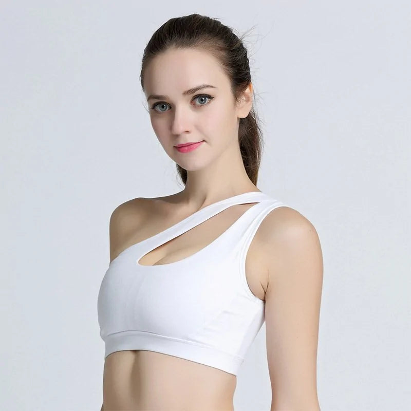 One-Shoulder Yoga Sports Bra; Sexy, Wire-Free, Push-Up Crop Top