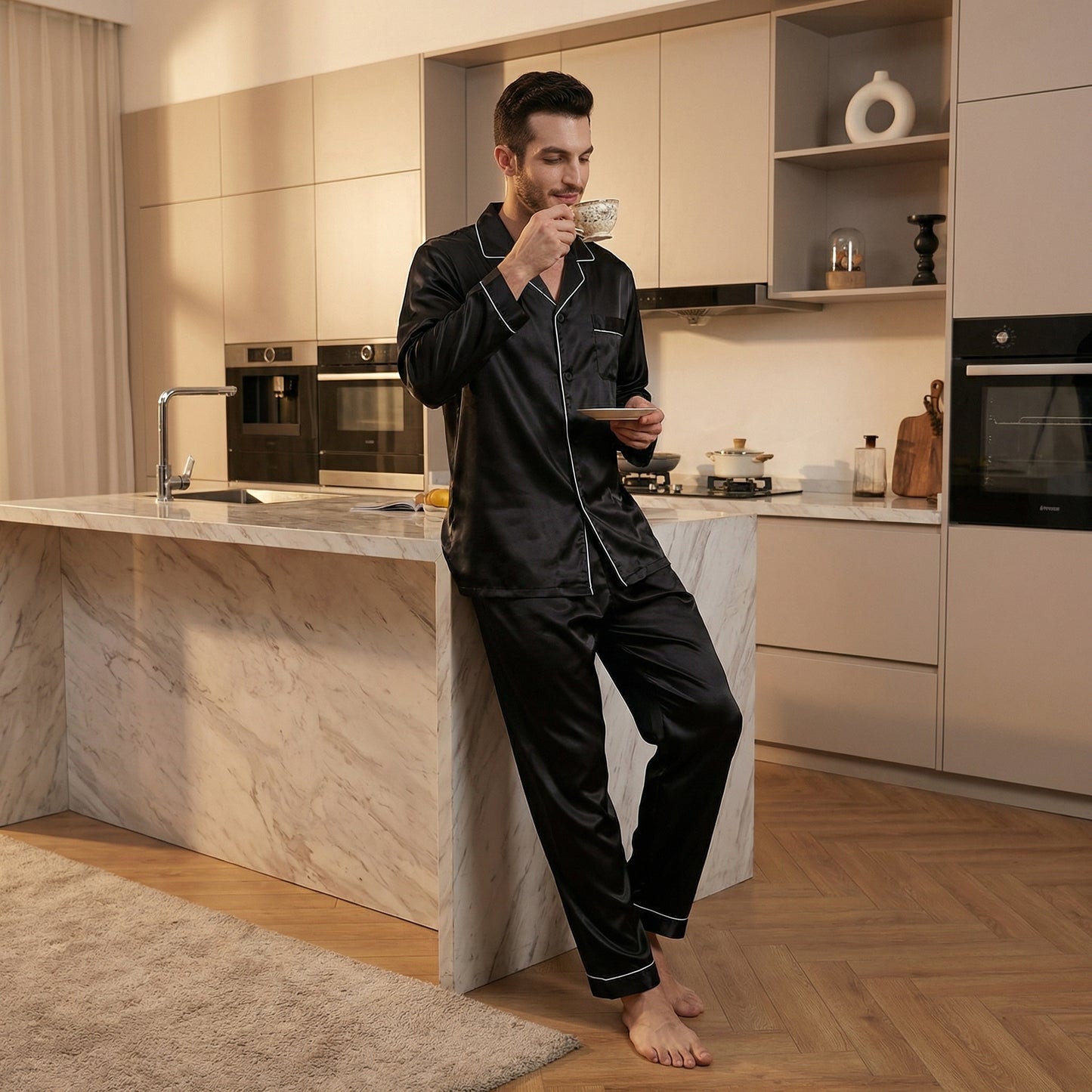 Man in black pajamas standing in a modern kitchen holding a cup.