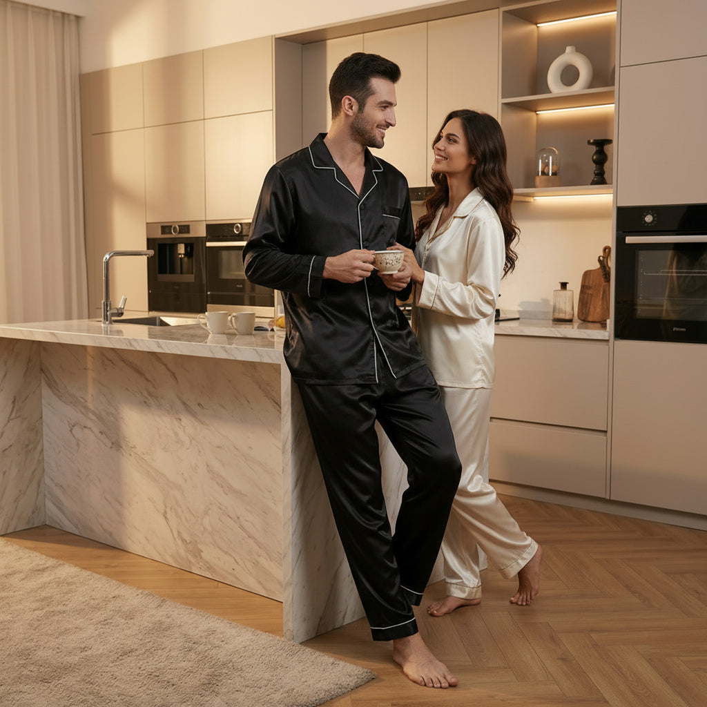 Man and woman in pajamas standing in a modern kitchen