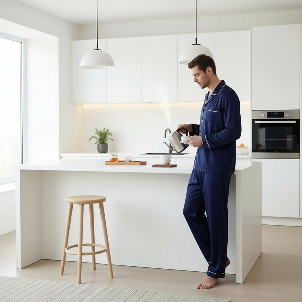 Man in blue pajamas standing in a modern kitchen.