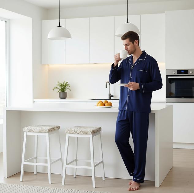 Man in navy pajamas standing in a modern kitchen holding a mug.