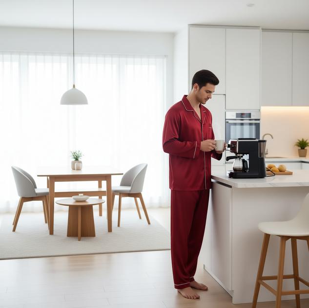 Man in red pajamas making coffee in a modern kitchen.