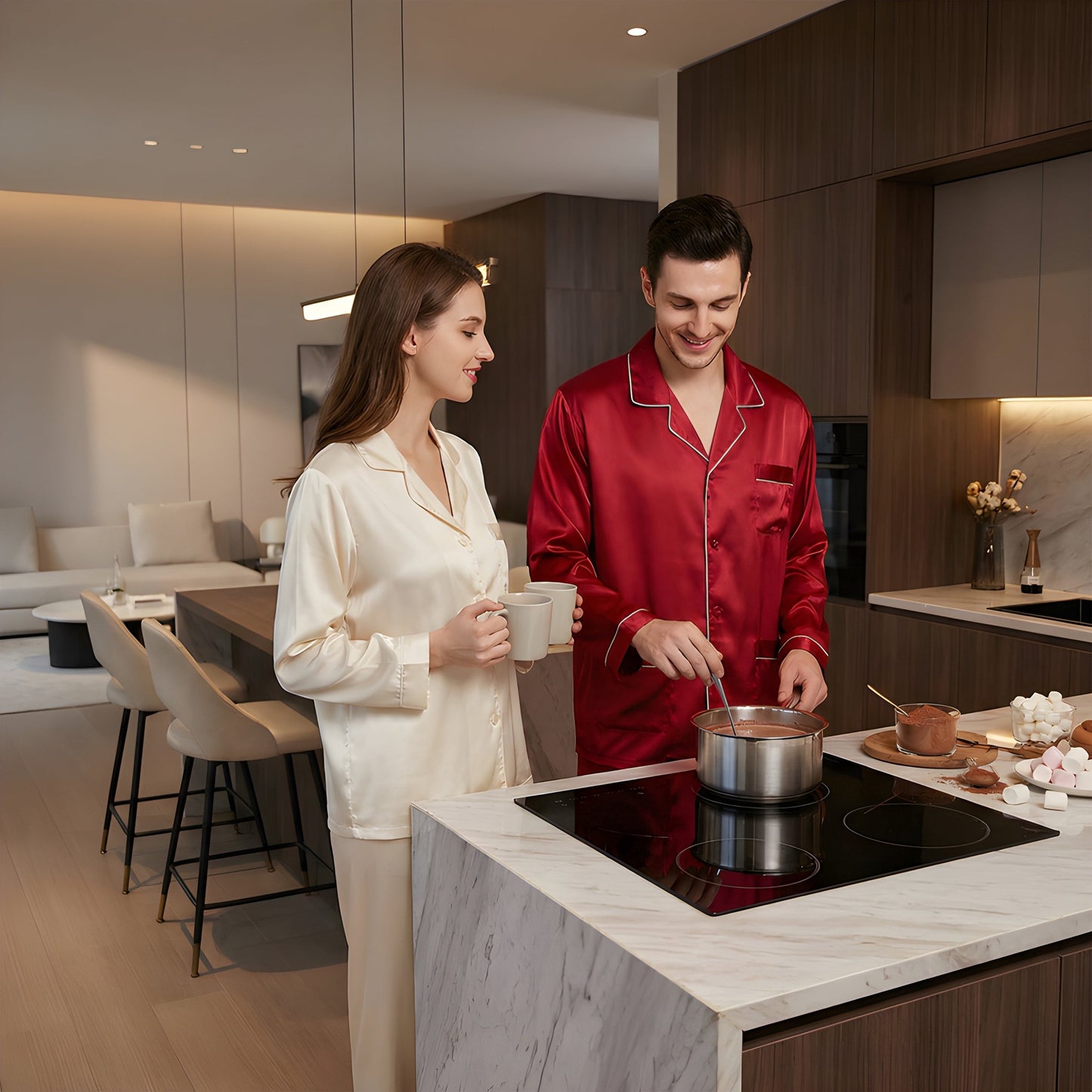 Man and woman in pajamas in a modern kitchen