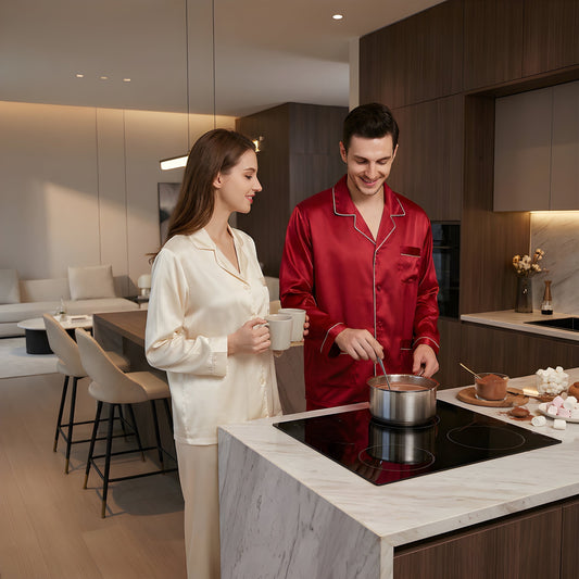 Man and woman in pajamas in a modern kitchen