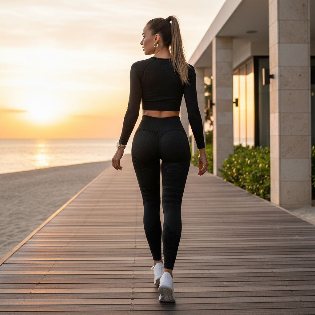 Woman in black athletic wear walking on a wooden deck with a sunset in the background