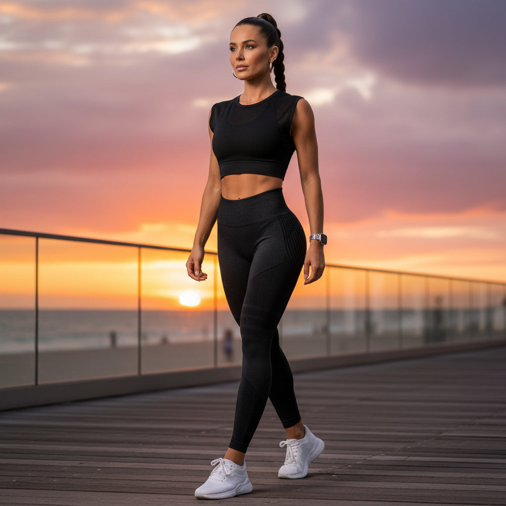 Woman in black athletic wear walking on a boardwalk at sunset.