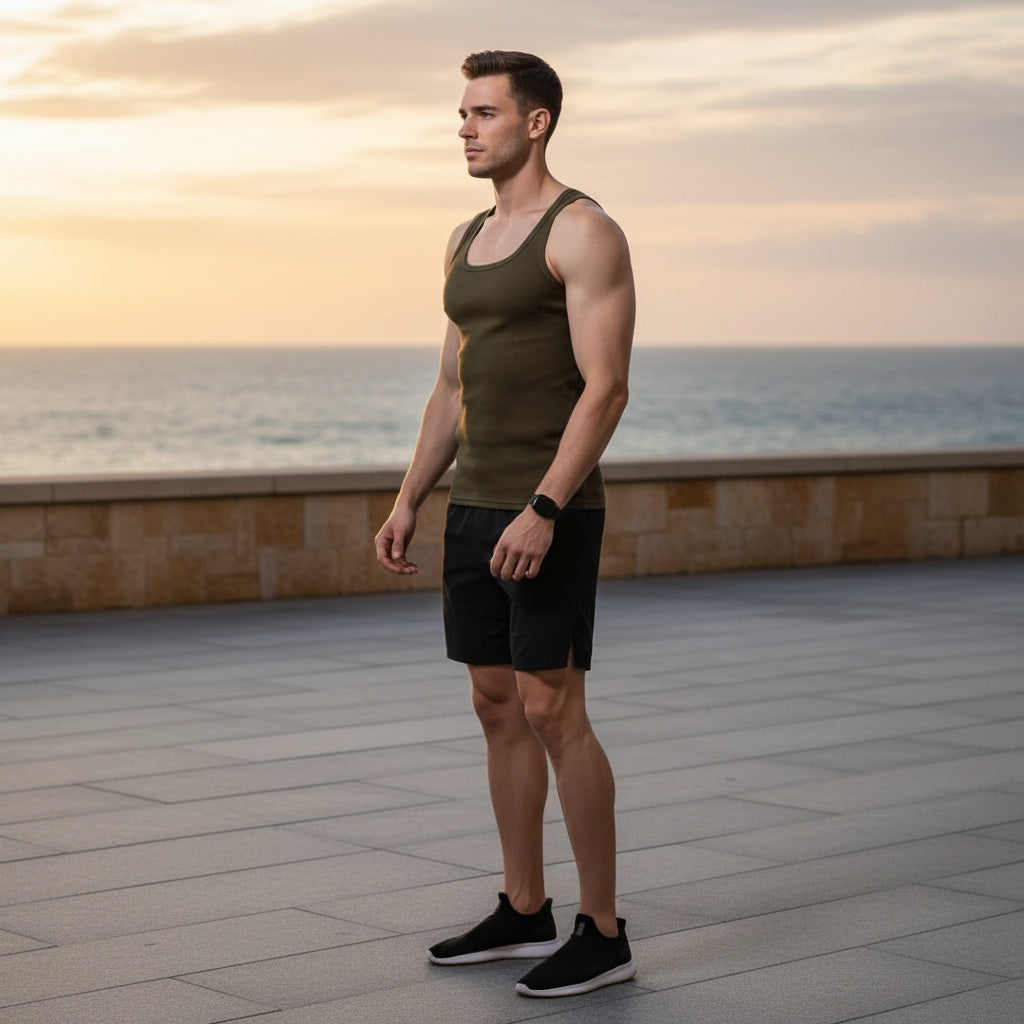 A man stands on a paved waterfront terrace at sunset wearing an olive green ribbed tank top, black athletic shorts, and black slip-on sneakers.