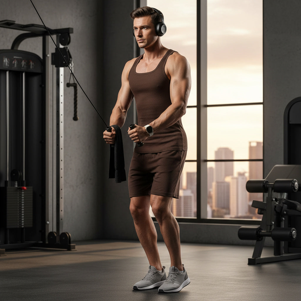 A muscular man in a gym wearing a matching brown tank top and shorts, holding a cable exercise handle. He is wearing gray sneakers and black headphones, standing in front of a large window with a city skyline view.