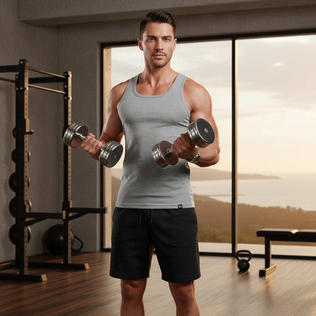 A muscular man in a gym setting wearing a gray tank top and black shorts, holding dumbbells in both hands. The background features a large window with a sunset view, gym equipment, and a weight bench.