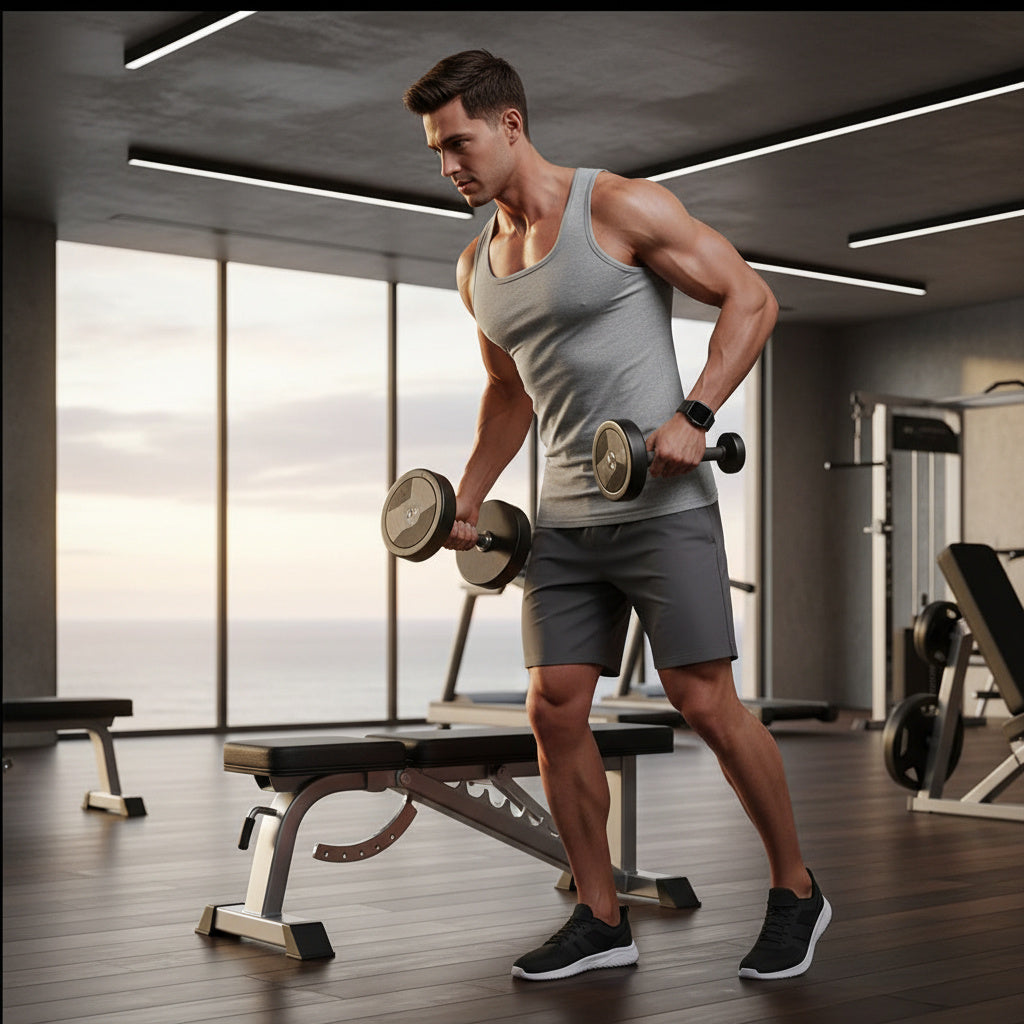 A man in a gym wearing a gray tank top and shorts, holding dumbbells while standing near a weight bench.