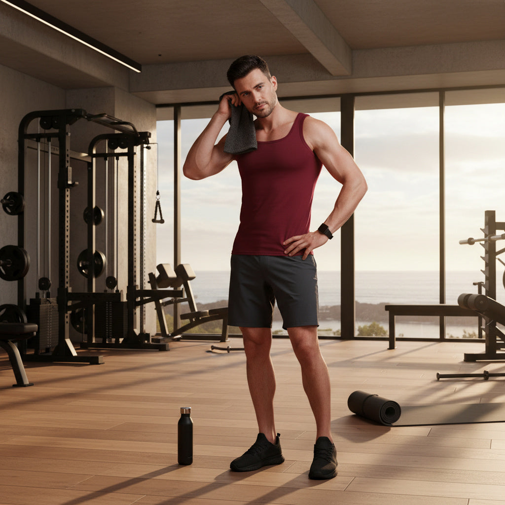 A man in a gym wearing a burgundy tank top and dark gray shorts, standing near large windows with a towel over his shoulder, a water bottle on the floor, and exercise equipment around him.