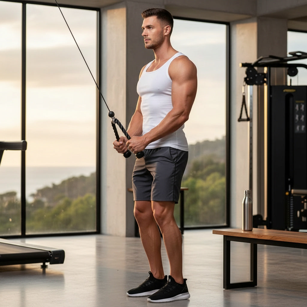 A muscular man in a white tank top and dark gray shorts stands in a modern gym, holding a cable tie-up exercise. Large windows in the background show a scenic view of trees and water, and gym equipment is visible.