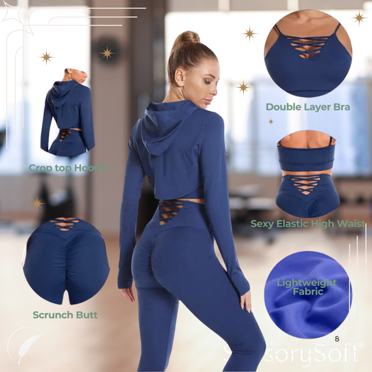 Seamless Yoga and Gym Fitness Sets - 3 Piece Sets - 2 Piece Sets - Pants - Sports Bra and Matching Crop Top Hoodie