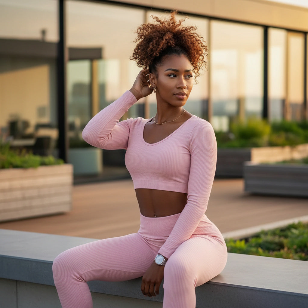A woman with curly hair sits on a concrete ledge outdoors, wearing a matching light pink ribbed activewear set consisting of a long-sleeve crop top and high-waisted leggings.