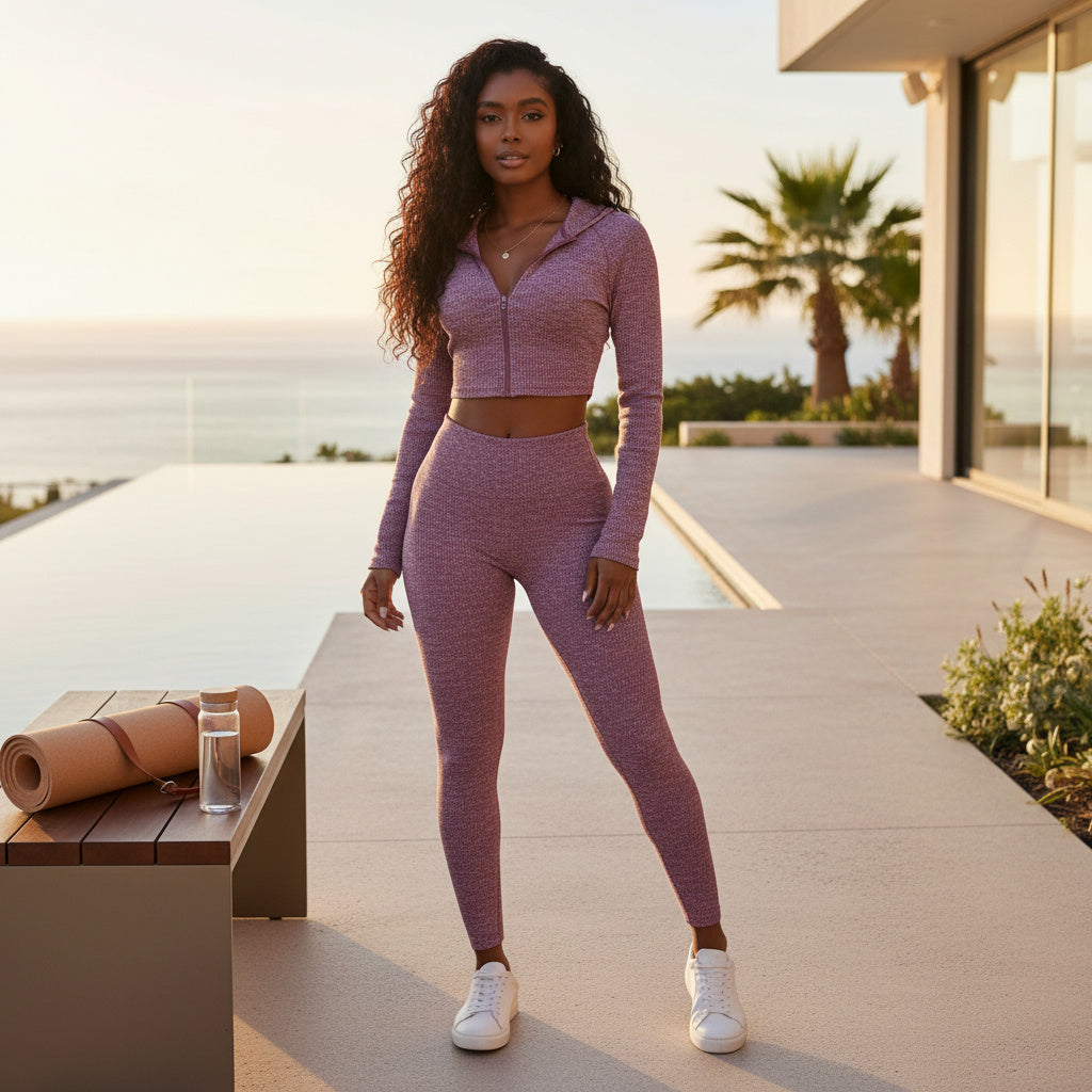 A woman stands on a modern outdoor patio wearing a matching textured zip-up crop top and high-waisted leggings set in a muted mauve-purple color, paired with white sneakers. The background features a pool, ocean view, and palm trees at sunset.