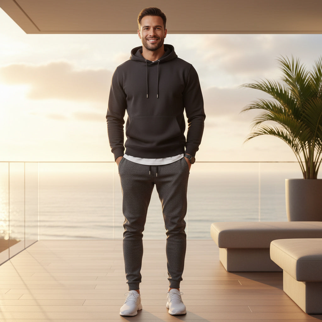 A man stands on a modern balcony overlooking the ocean at sunset, wearing a dark charcoal gray hoodie, matching gray jogger pants, and white sneakers.