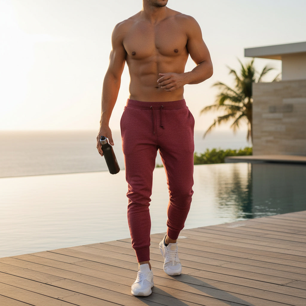 A shirtless man walking on a wooden deck by an infinity pool at sunset, wearing dusty rose drawstring jogger sweatpants and white sneakers, holding a black bottle.
