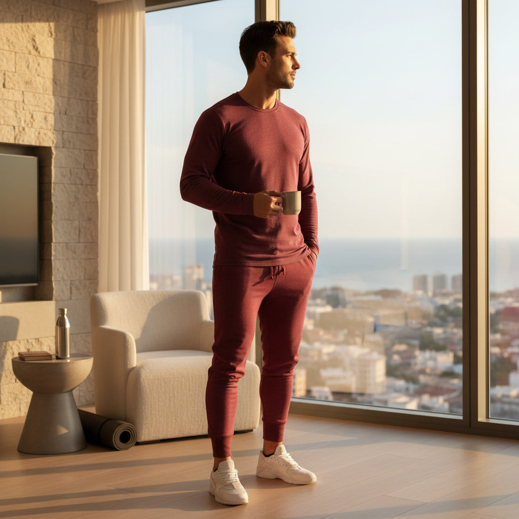 A man wearing a matching burgundy long-sleeve top and jogger pants set stands in a modern room with a large window overlooking a city and sea, holding a mug.