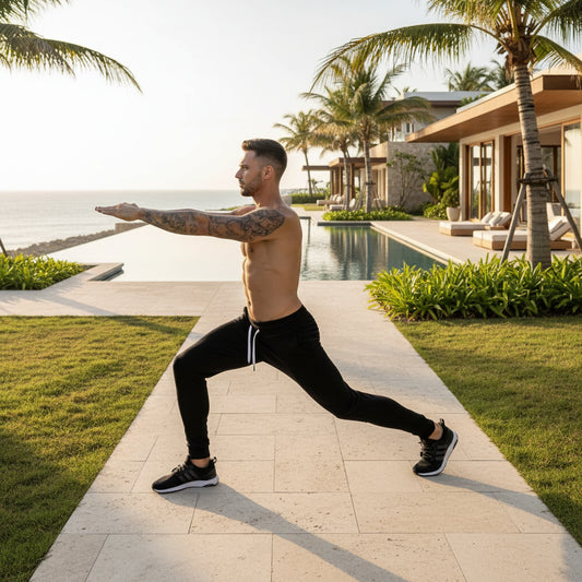A shirtless man with tattoos performs a yoga warrior pose on a stone path in front of a luxury pool and beach villa, wearing black athletic pants and black sneakers.