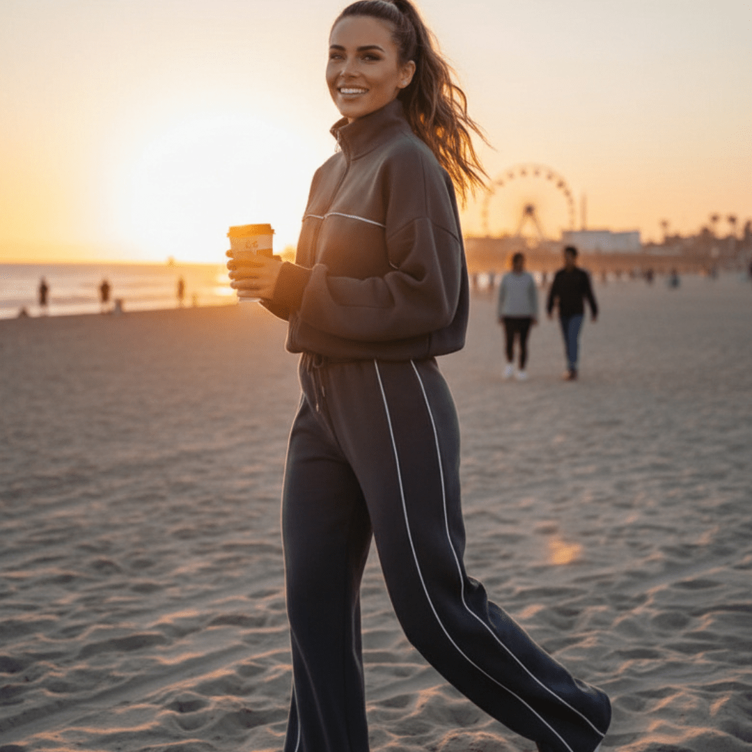 A woman walking on a sandy beach at sunset wearing a dark brown cropped zip-up sweatshirt and matching dark navy wide-leg sweatpants with white piping. She is holding a coffee cup.