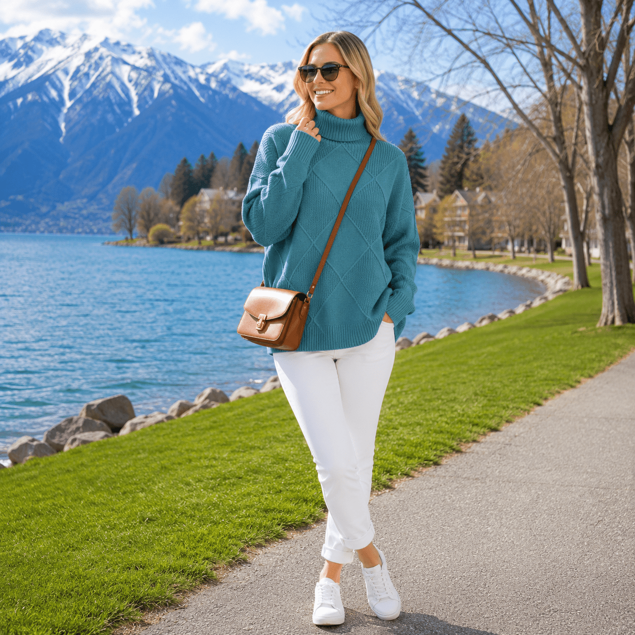 Woman in teal sweater and white pants standing by a lake with mountains in the background