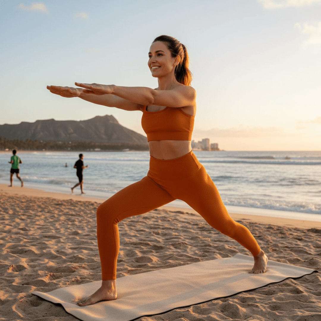 A woman in a matching burnt orange activewear set performs a yoga pose on a white mat on a sandy beach during sunset, with the ocean and mountains in the background.