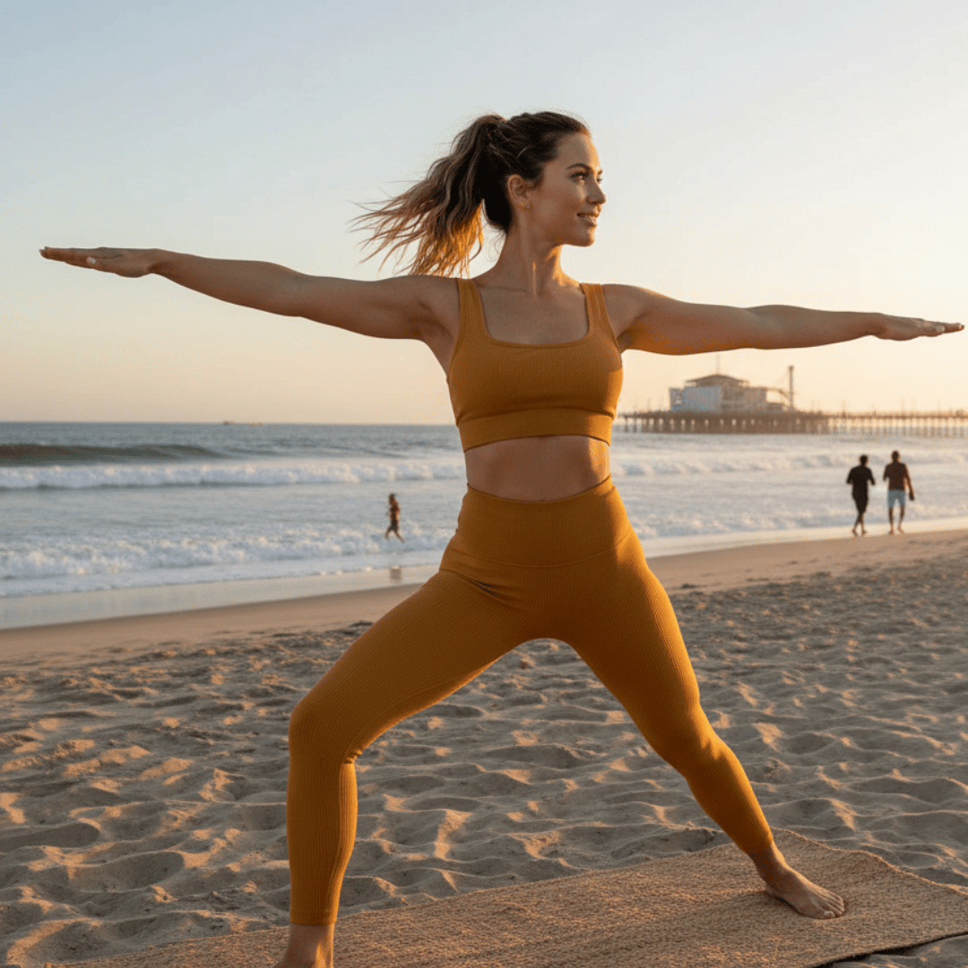 A woman in a matching mustard yellow sports bra and leggings yoga set poses in a warrior II stance on a beach during golden hour, with ocean waves, sand, and a pier in the background.
