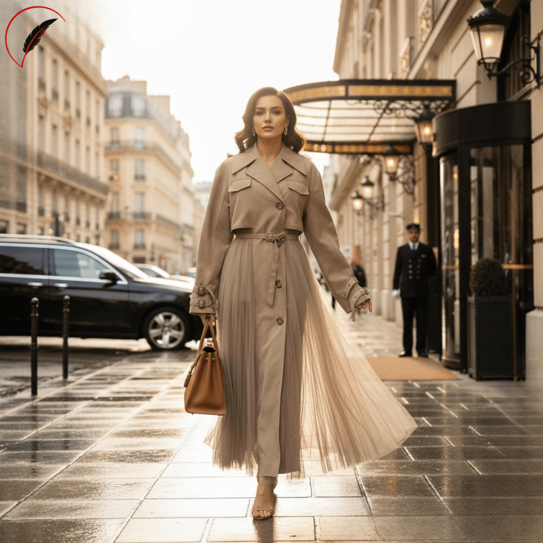 A woman walks down a city street wearing a beige trench-style midi dress with a pleated tulle skirt, holding a brown handbag.
